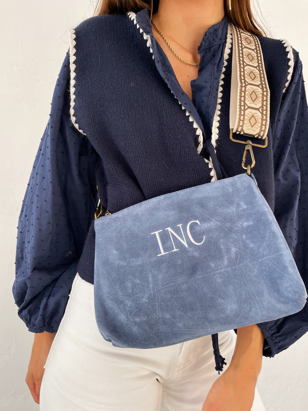 Sac Bandoulière En Daim Bleu