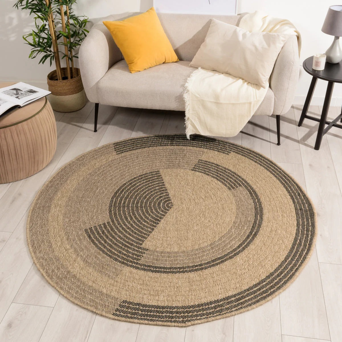 Round Nature Rug Natural Jute Look - Black Pattern