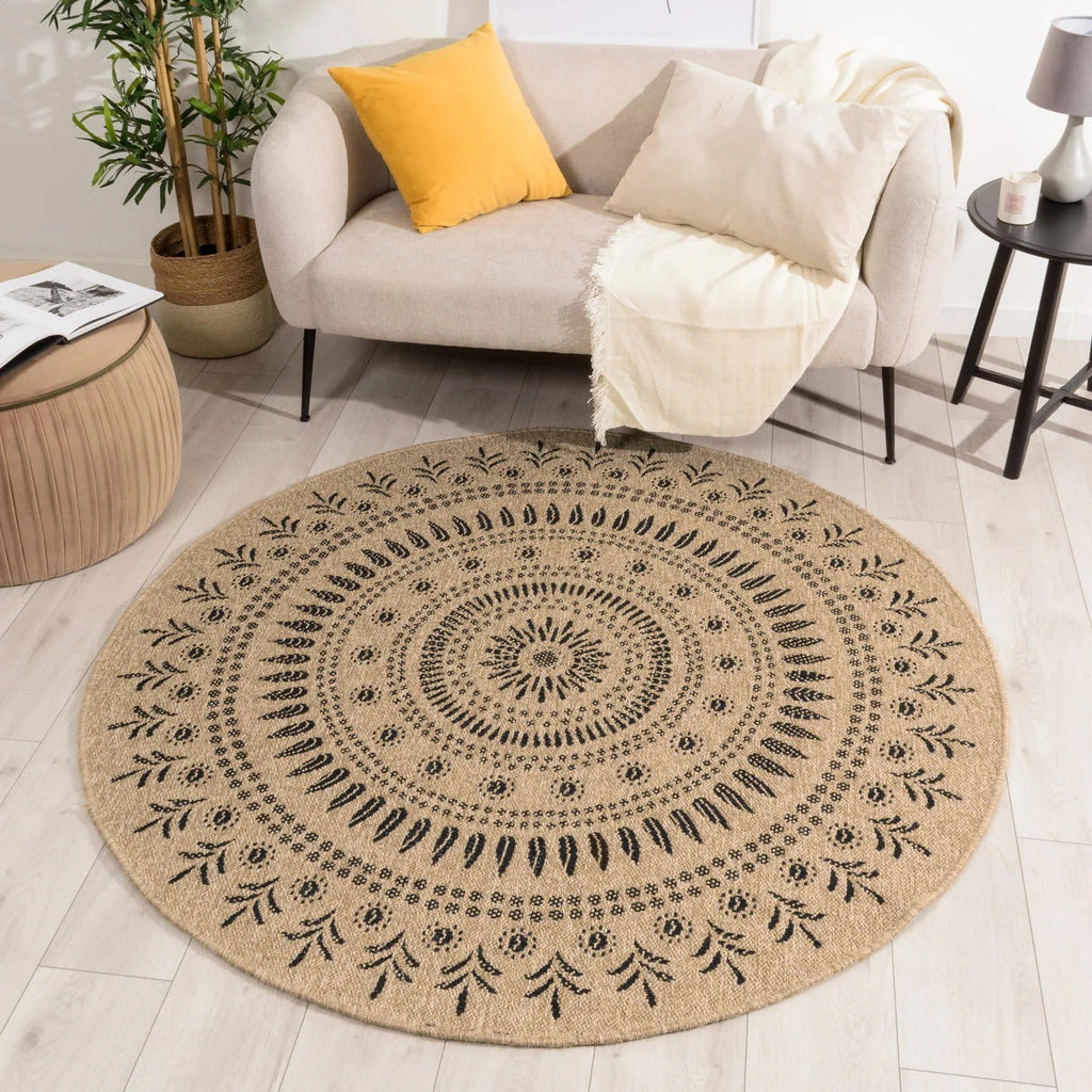 Alfombra Redonda Nature Efecto Yute Natural - Motivos Orientales Negros