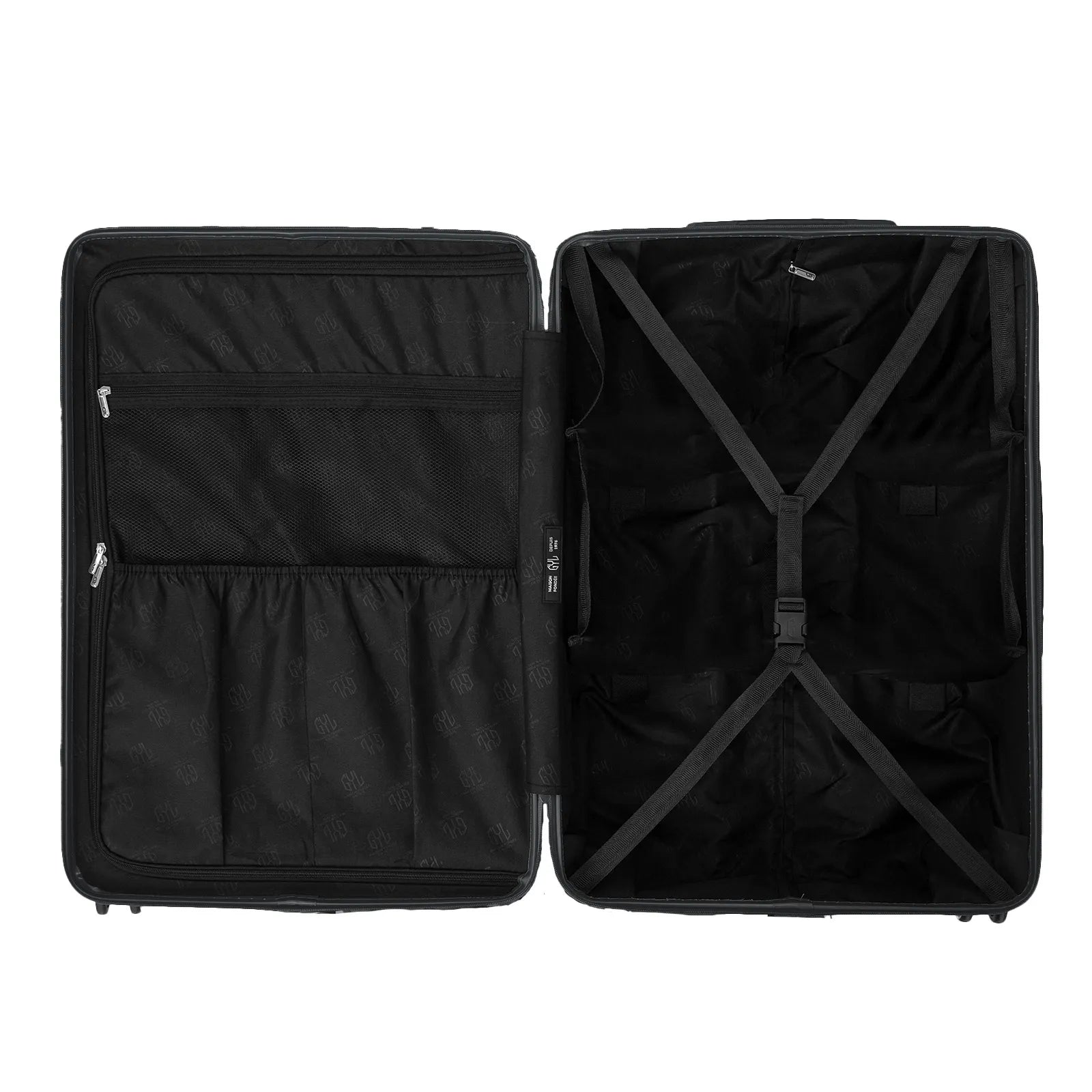 Compartmentalised interior of the GYL Intemporelle dark grey suitcase with cross straps and mesh pockets. #couleur_gris foncé