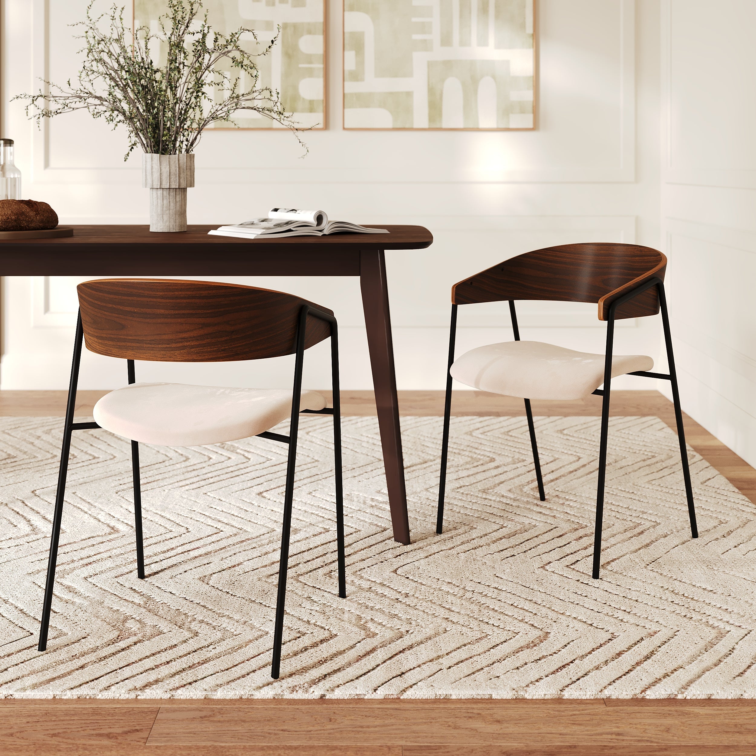 Esmée - Set of 2 Chairs in Off-White Velvet and Walnut Wood