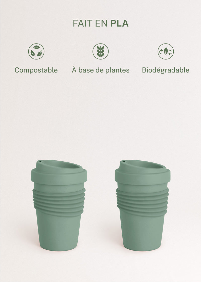 Menaje Outdoor Eco - Pack de 2 Vasos de Café con Tapa de Material Reciclado - Verde Salvia