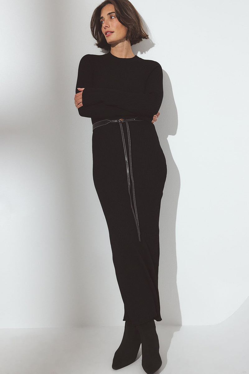 Robe Longue En Maille Côtelée Noir