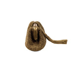 Lia Pouch Bag in elegant gold-toned fabric, featuring a chic metal clasp and stylish tassel, perfect for any occasion.