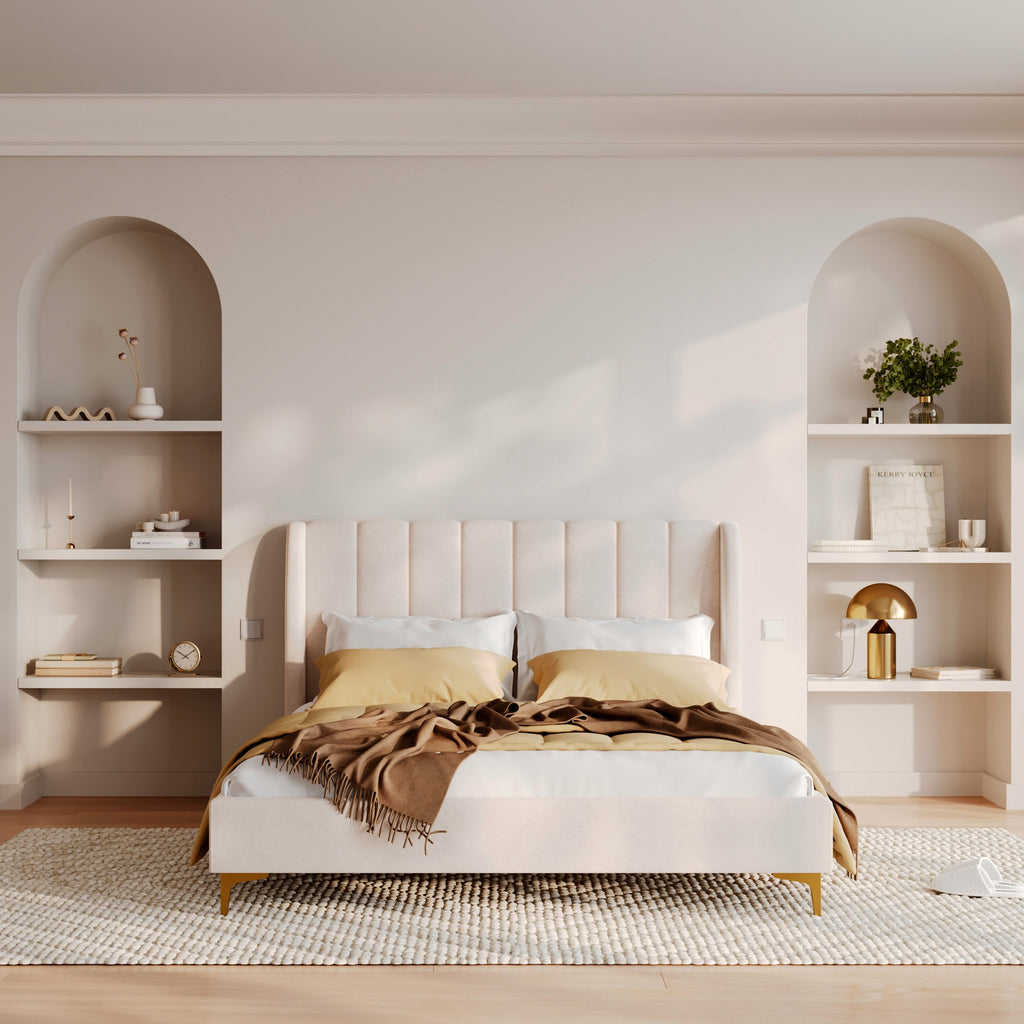 Koda - Double Bed In Beige Fabric And Gold Feet