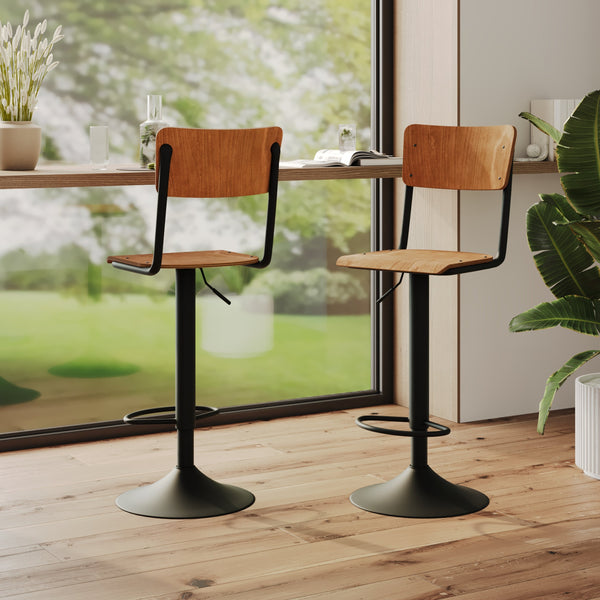 Clem - Set of 2 Adjustable Bar Chairs in Dark Wood