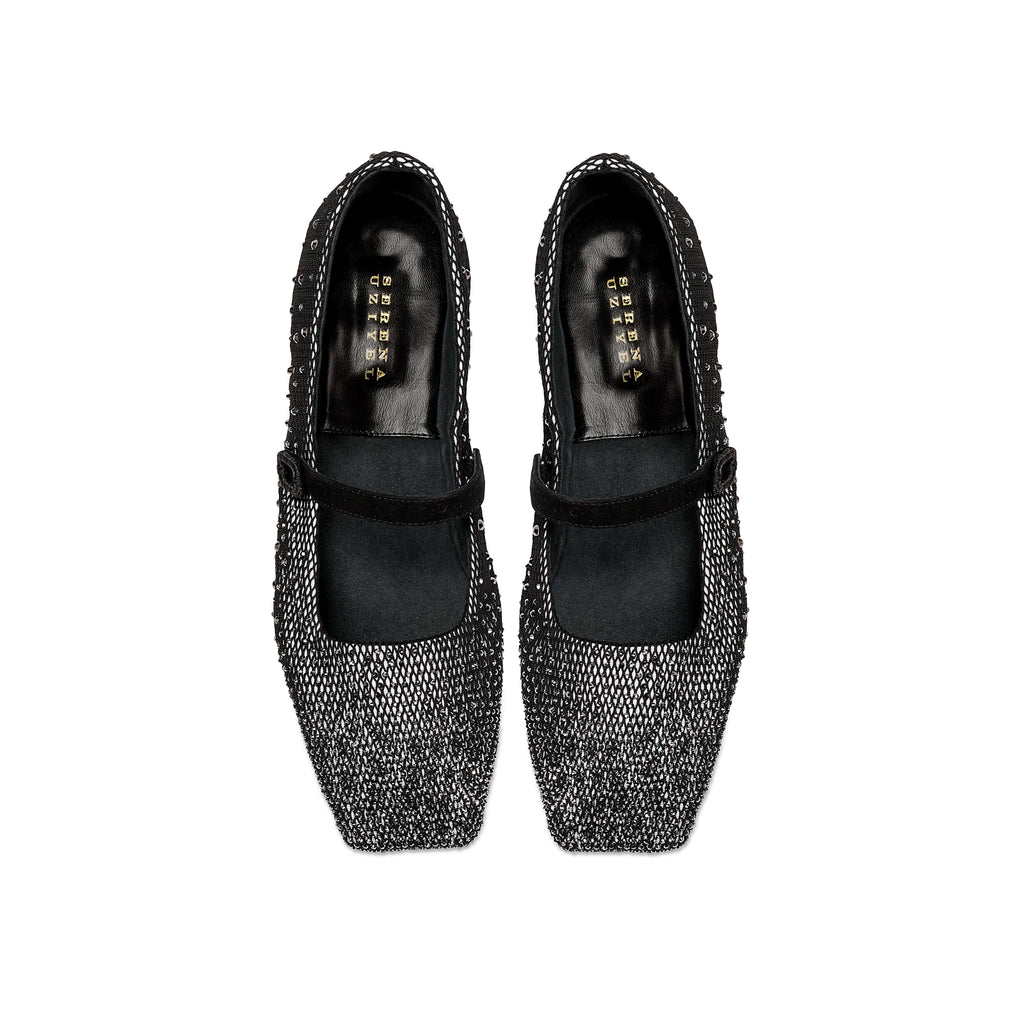 Lumina Crystal Black Flat Ballerina shoes, elegantly square-toed, adorned with crystals and a stylish strap, handcrafted in Italy.