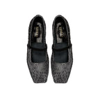 Lumina Crystal Black Flat Ballerina shoes, elegantly square-toed, adorned with crystals and a stylish strap, handcrafted in Italy.