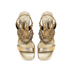 Lyra Gold High-Heel Sandals featuring handwoven embellishments and 90mm stiletto heels, perfect for special occasions.