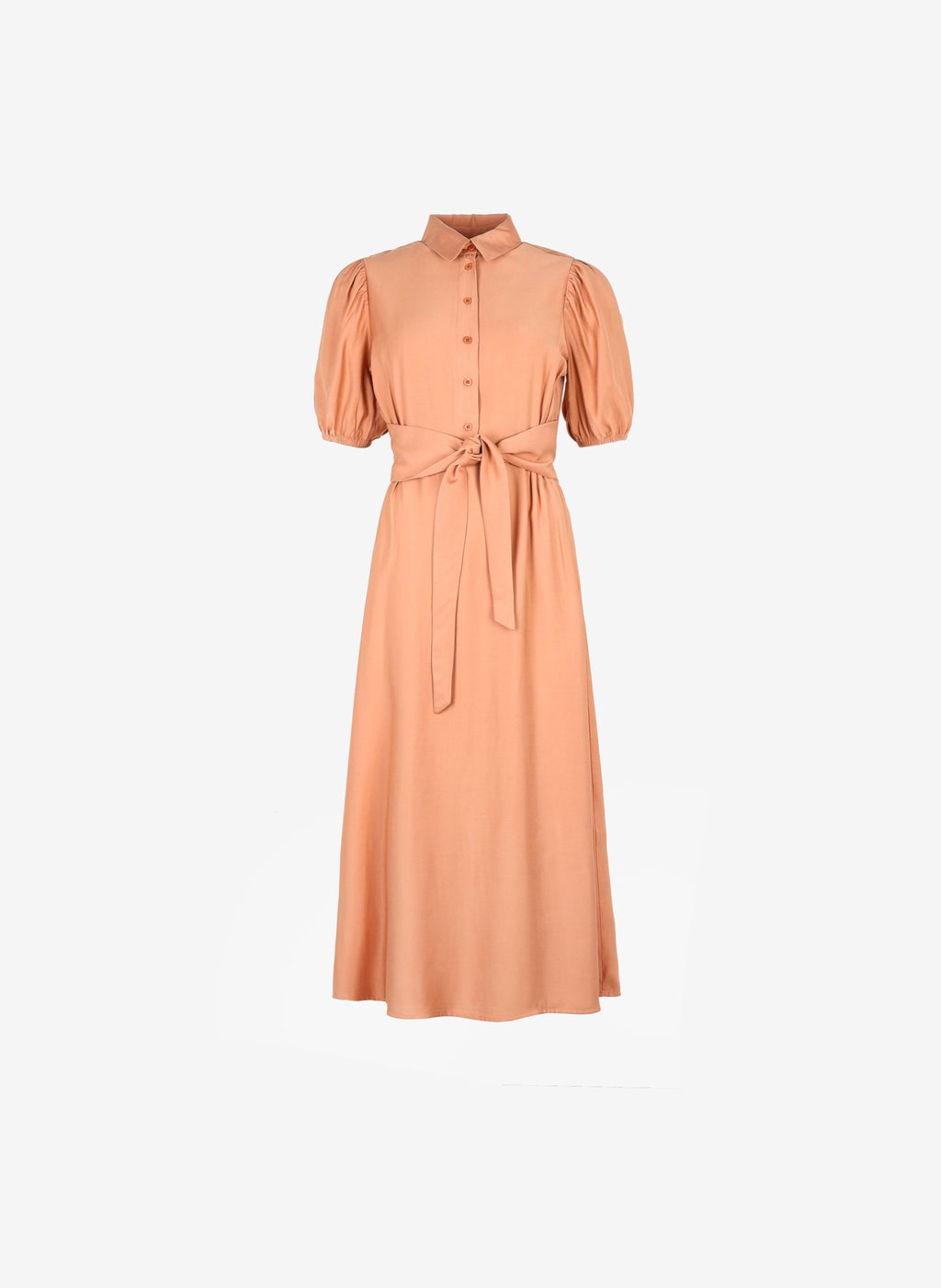 An'ge – Malida Maxi Dress Terracotta, peach-coloured midi shirt dress with tie belt, front view