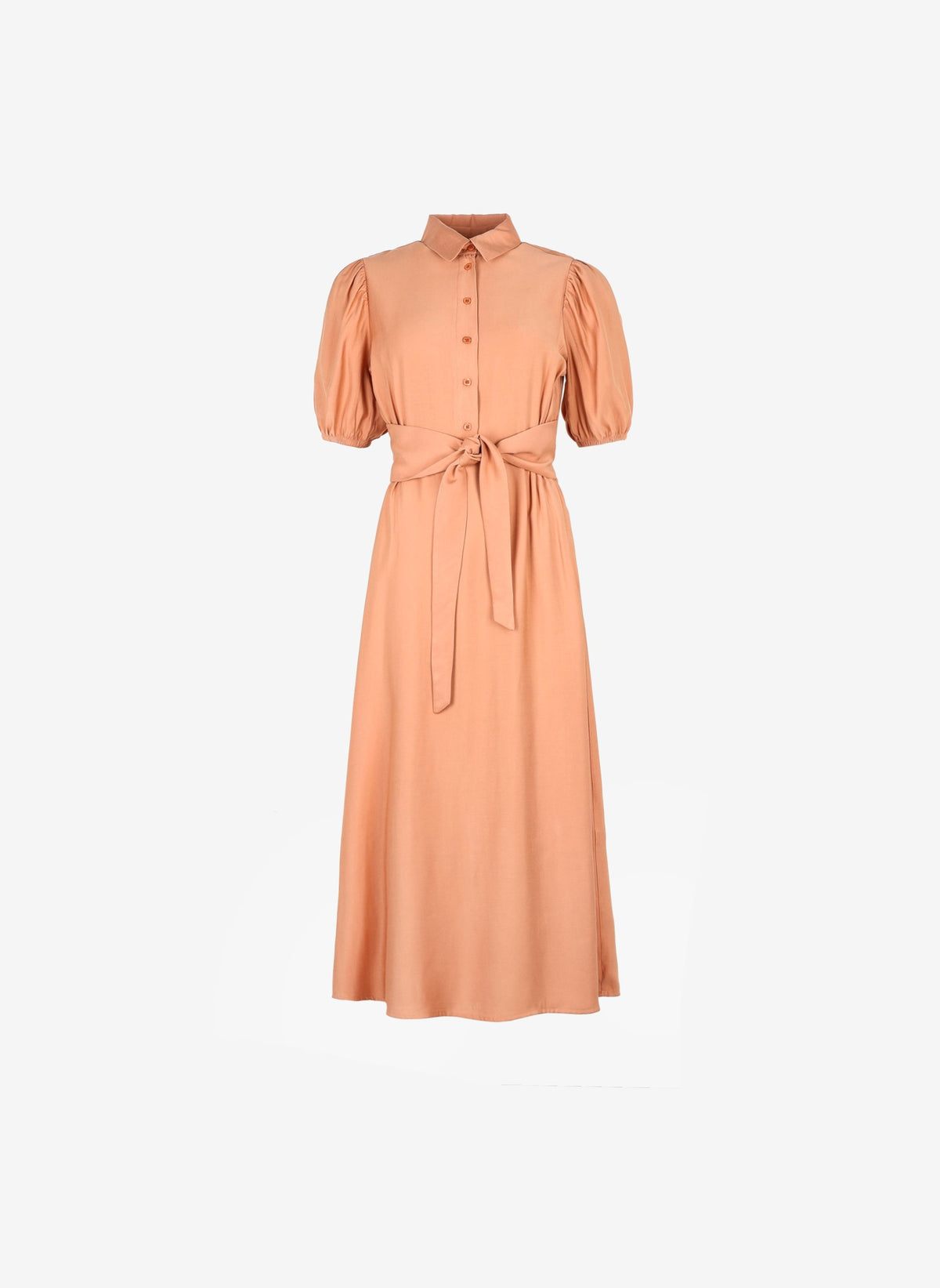 An'ge – Malida Maxi Dress Terracotta, peach-coloured midi shirt dress with tie belt, front view
