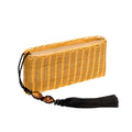 Handcrafted Melita Natural Clutch, woven raffia with leather lining and natural stone tassel, perfect for summer evenings.
