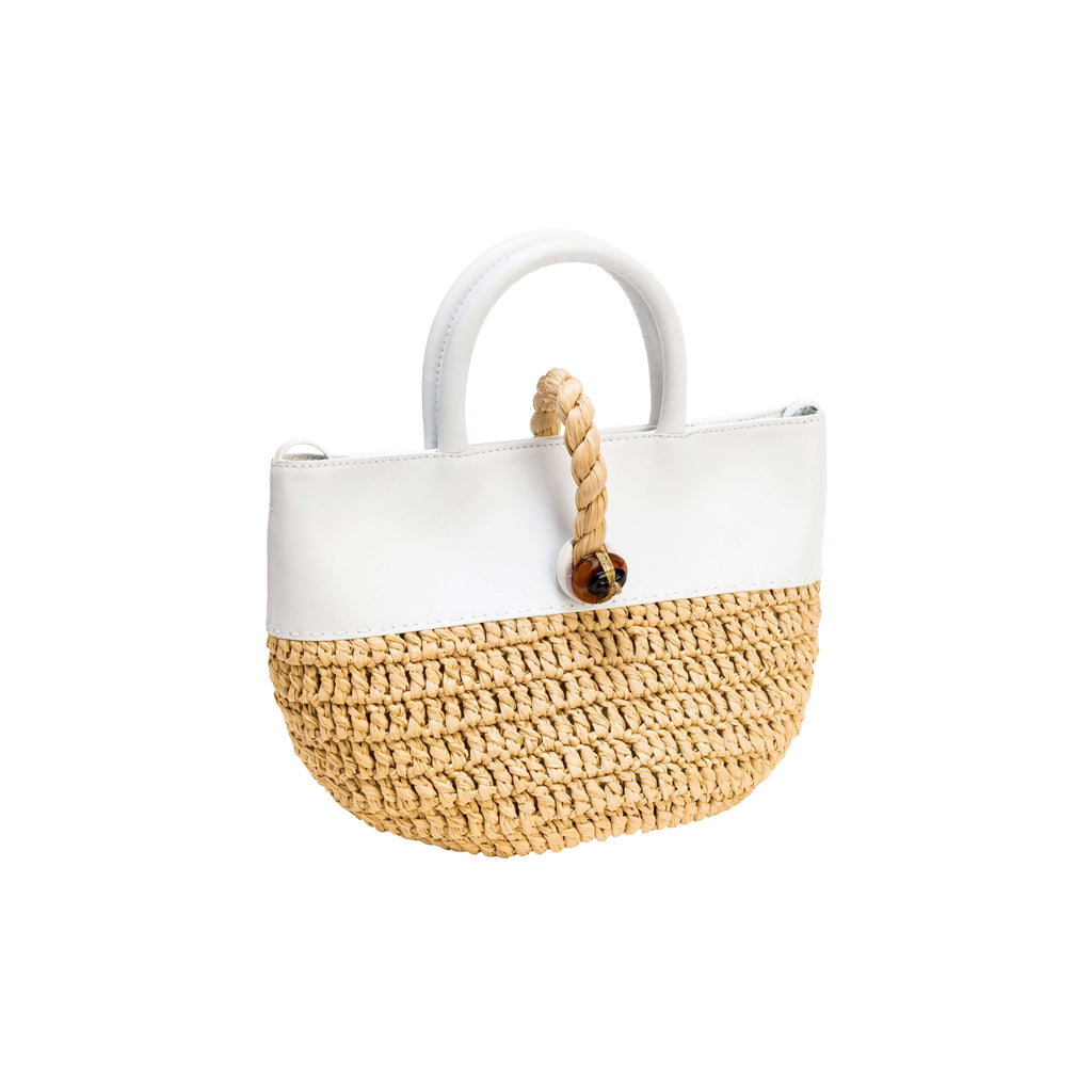 Melita Off-White Mini Tote Bag featuring leather and hand-woven raffia, accented with natural stones and a braided handle.