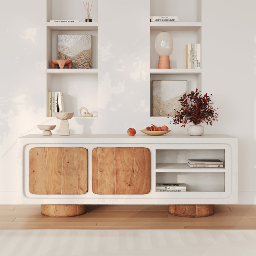 Eden - Tv Unit in Off-White Concrete and Acacia Wood
