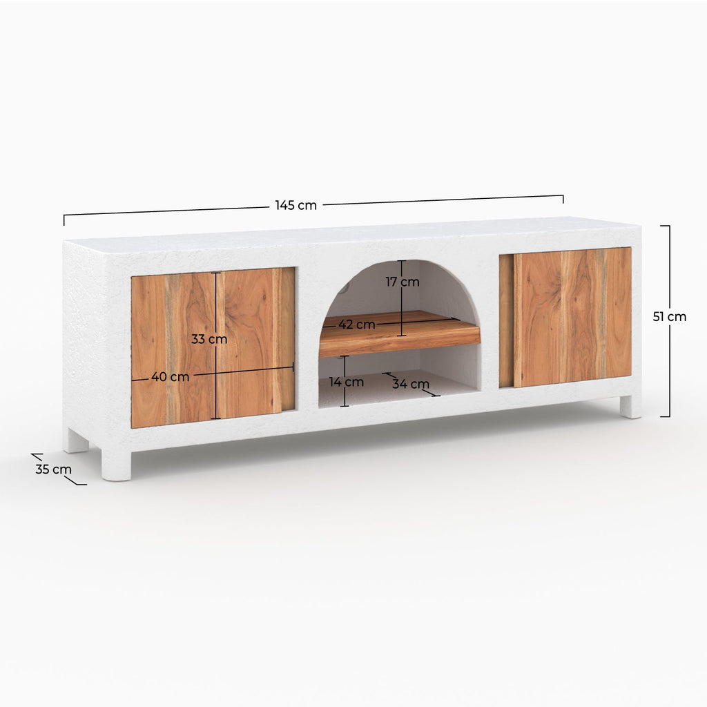 Fira - Meuble Tv En Plâtre Blanc Cassé Et Bois D'Acacia