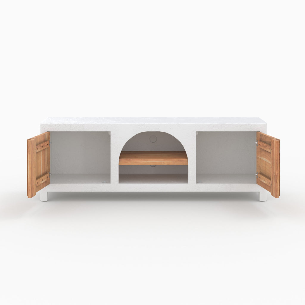 Fira - Meuble Tv En Plâtre Blanc Cassé Et Bois D'Acacia