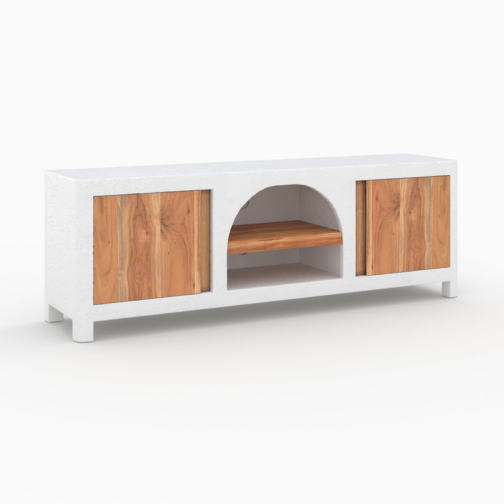 Fira - Meuble Tv En Plâtre Blanc Cassé Et Bois D'Acacia