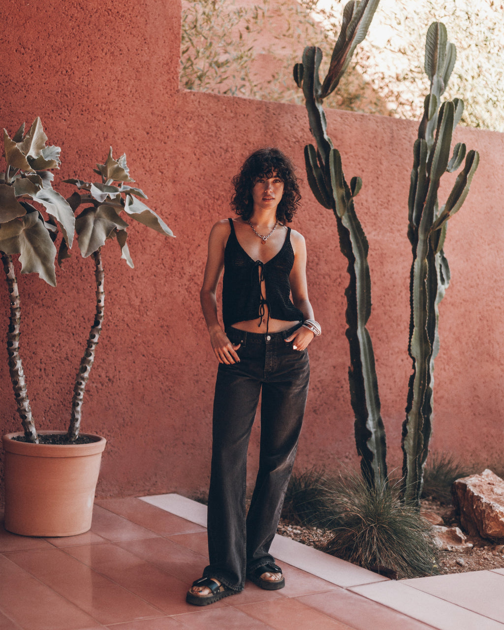 Persona parada frente a una pared rosa con cactus y plantas.