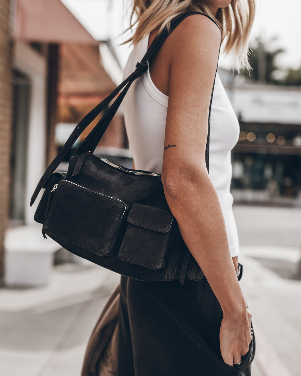 The Dark Suede Minou Bag The White Standard Tank Top The Black Breezy Pants Los Angeles Californi...