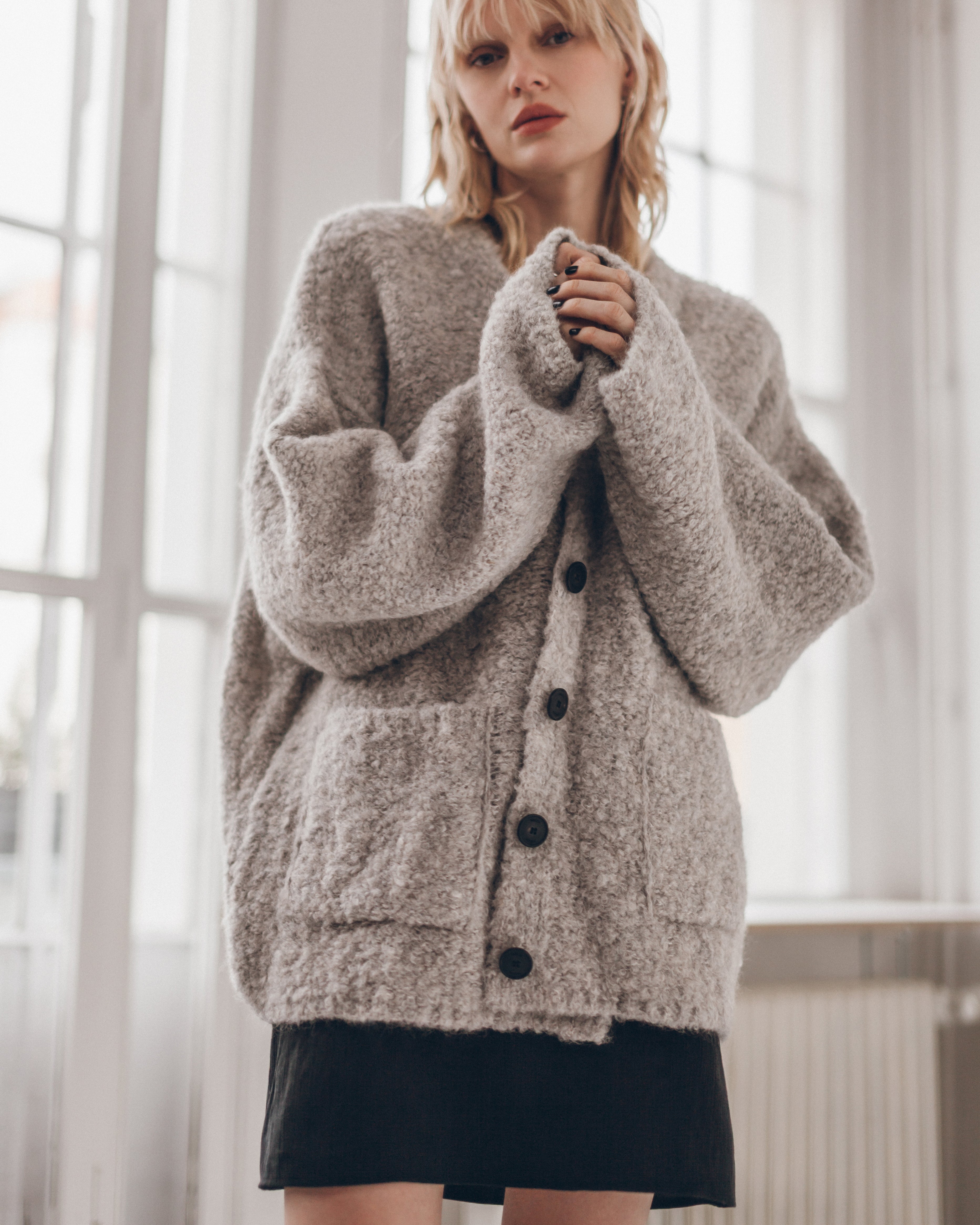 MIKUTA grey alpaca cardigan detail - soft Valentine's knitwear