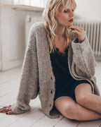 MIKUTA grey alpaca cardigan close-up - luxe Valentine's knitwear