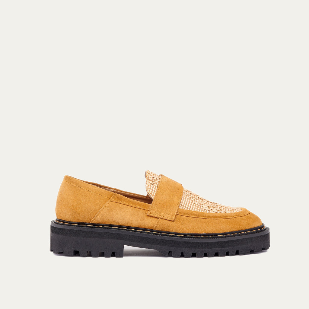 Mia Pecan and Raffia Leather Moccasin