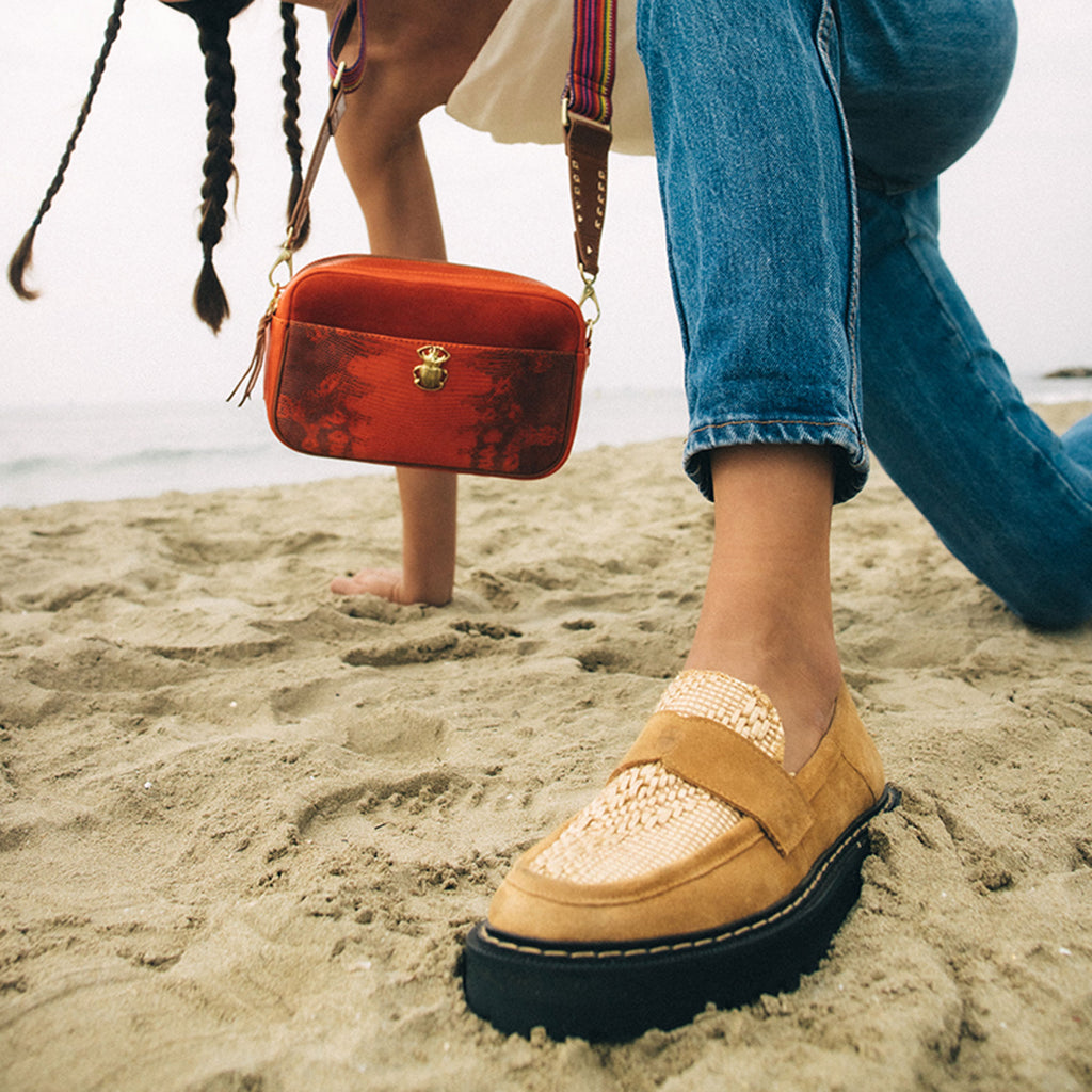 Mia Pecan and Raffia Leather Moccasin