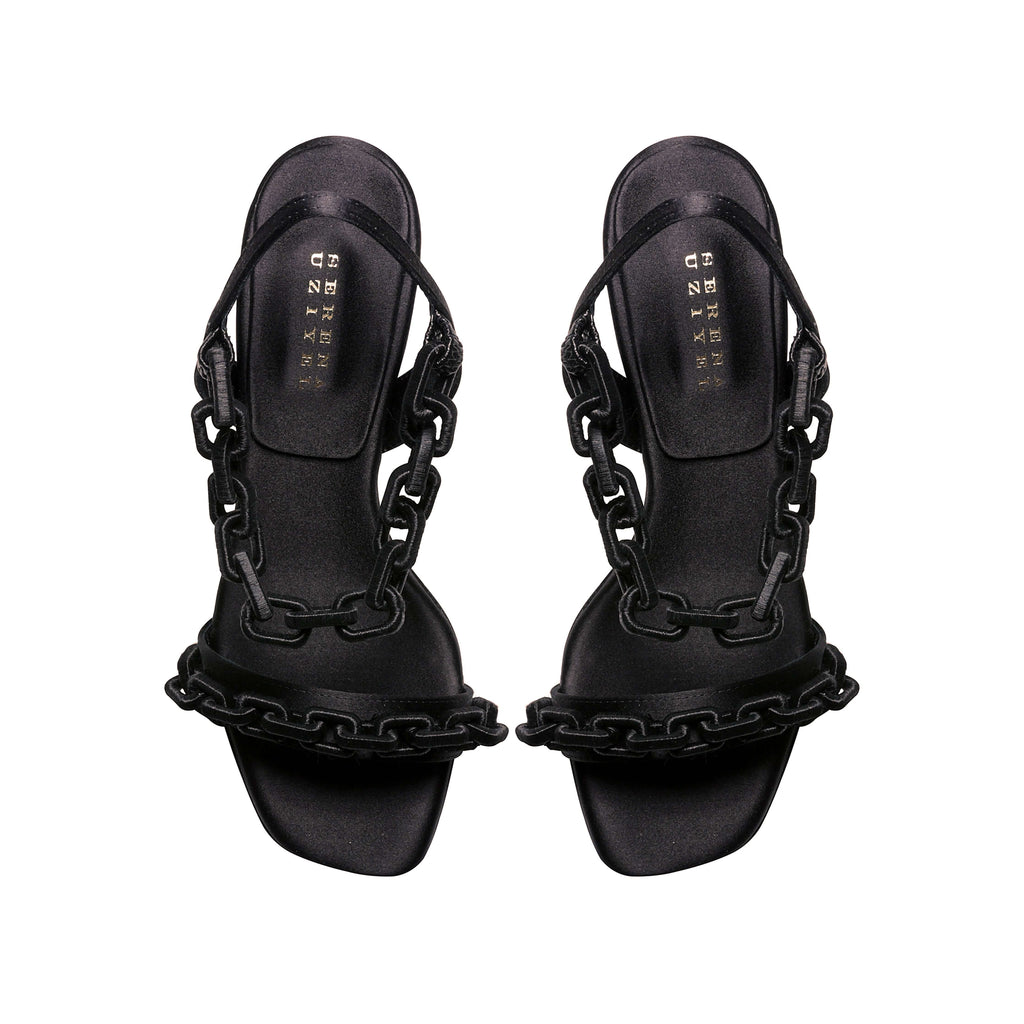 Elegant Catena Notte black high-heel sandals with chain embroidery, crafted in Italy for timeless sophistication.
