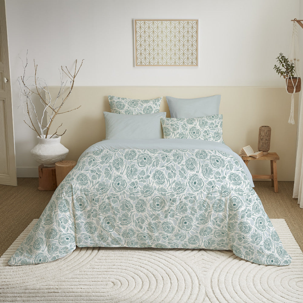 Pack Completo Estampado (Funda Nórdica + Funda(s) De Almohada + Sábana Bajera) - 100% Algodón 57 Hilos - Agathe Celadon