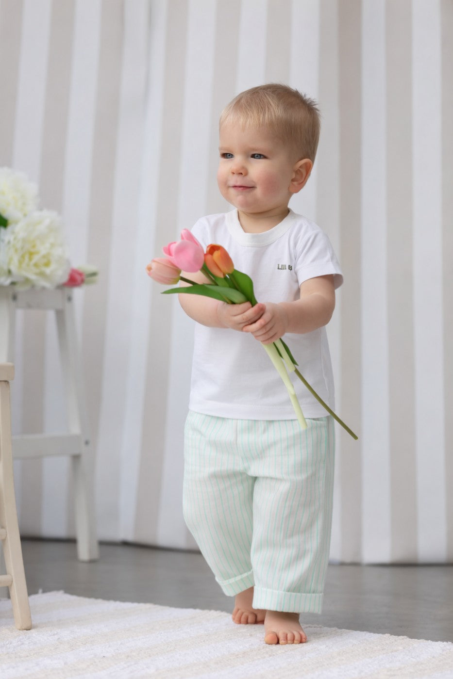 Paul Striped Pants - Baby Boy - Ecru & Mint