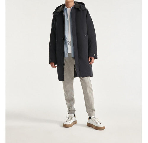Navy Blue Nylon Parka With Leather Hood - Men