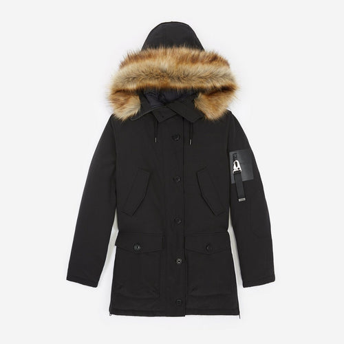 Long Black Nylon Parka with Hood - Women