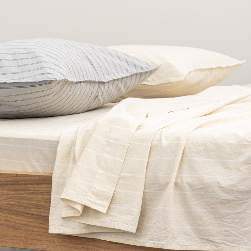 Sábana Encimera - En Algodón Percal Lavado 300 Hilos - Rayas Blanco Beige