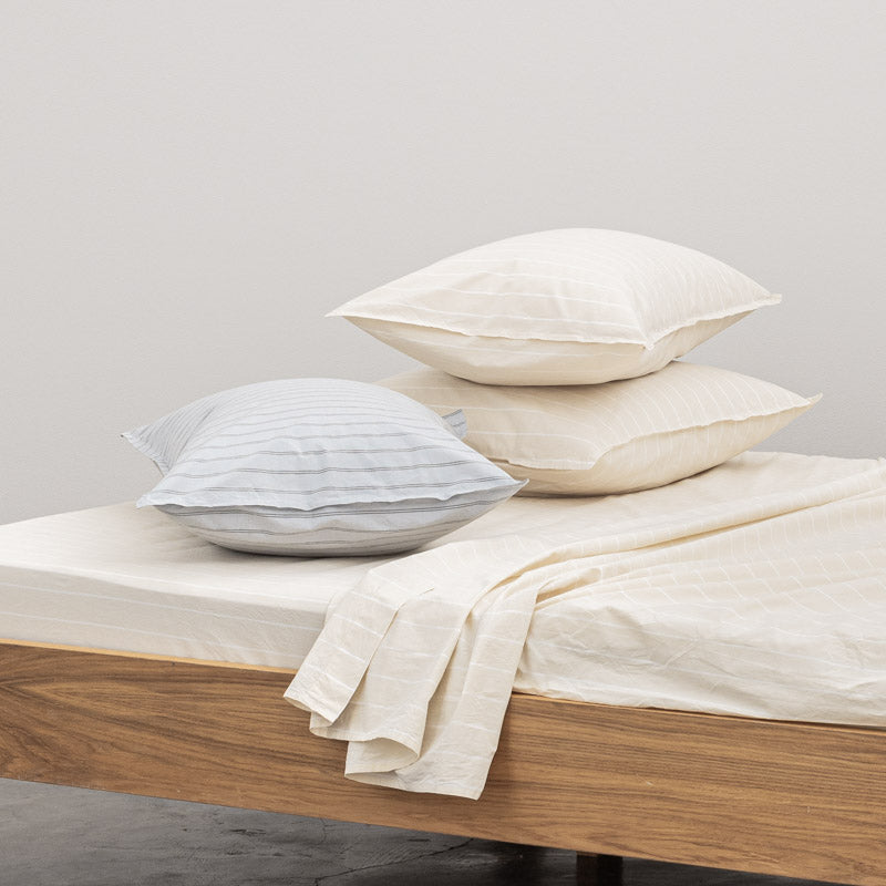 2 Taies D'Oreiller - En Percale De Coton Lavé 300 Fils - Rayures Beiges Blanches