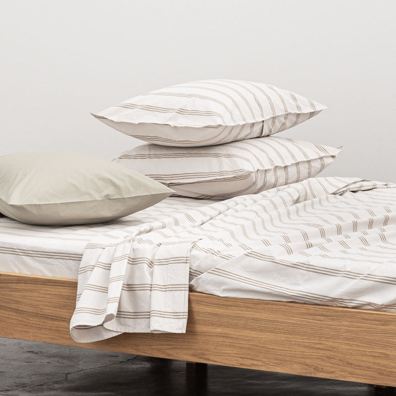 2 Fundas de Almohada - En Percal de Algodón Lavado 300 Hilos - Rayas Beige Marrón