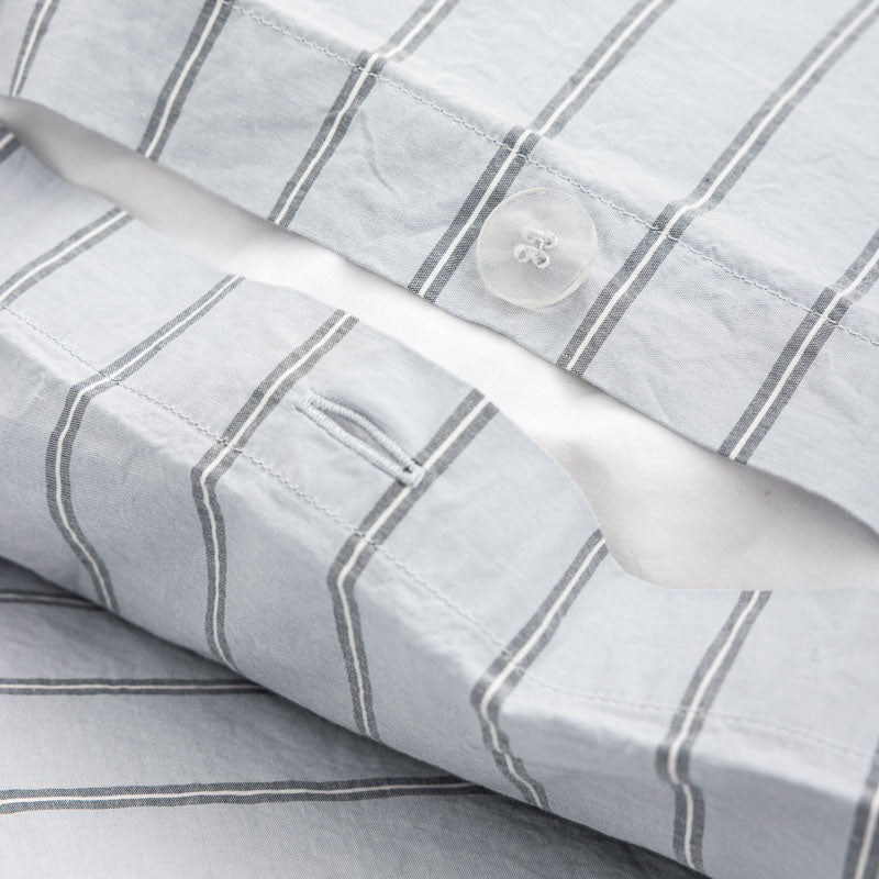 Housse De Couette - En Percale De Coton Lavé 300 Fils - Rayures Bleues Grises