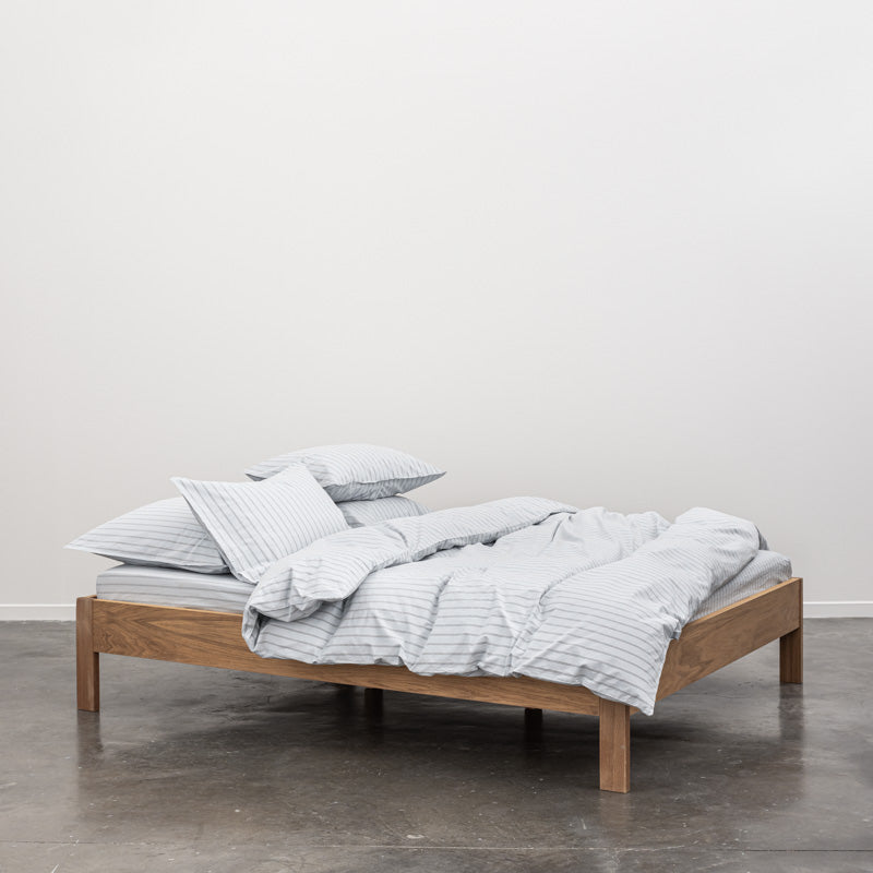 Housse De Couette - En Percale De Coton Lavé 300 Fils - Rayures Bleues Grises