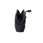Petra Black Pouch Bag in suede leather with stone embroidery, showcasing its elegant open design.