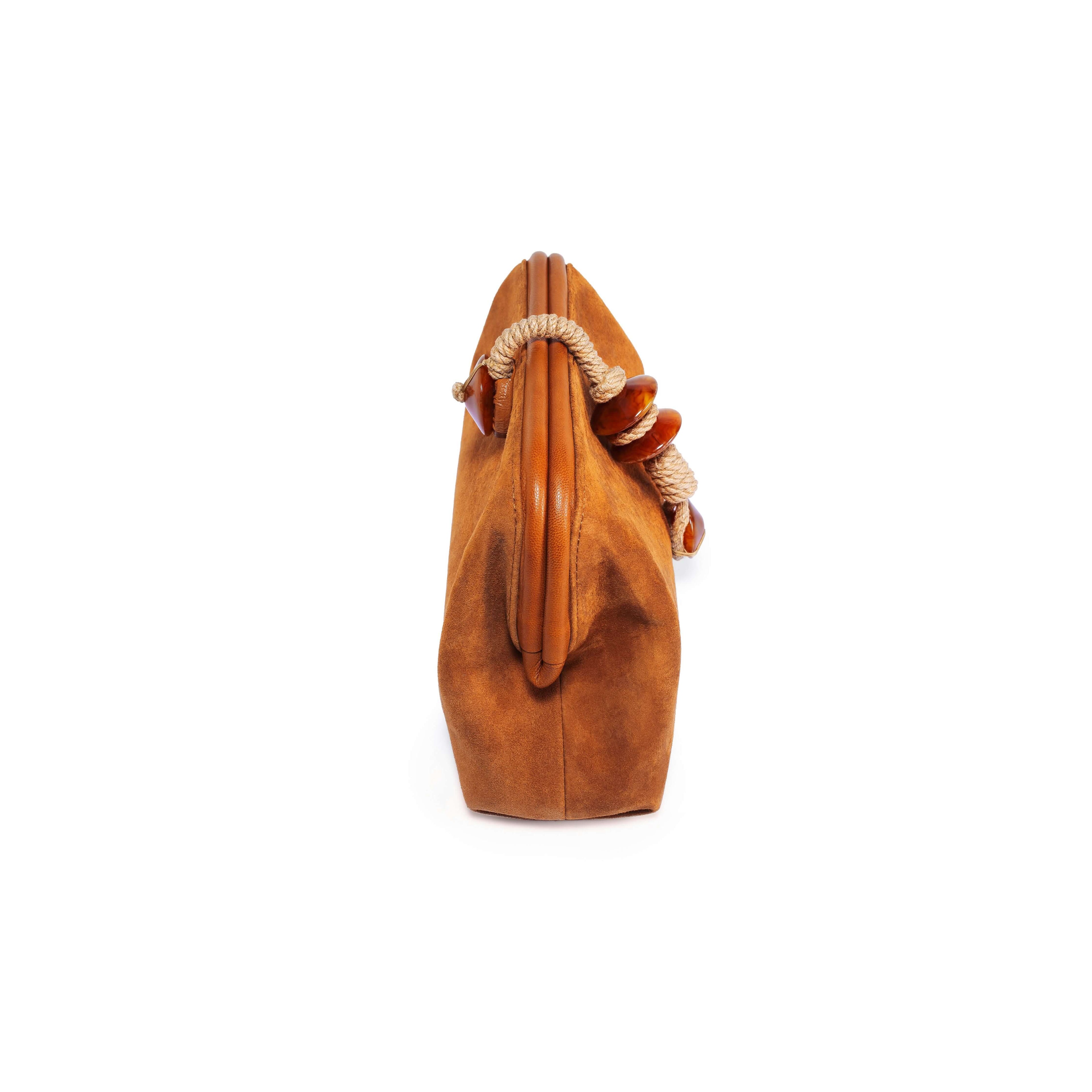 Petra Camello pouch bag in suede leather with stone embroidery, showing unique side profile and natural color.