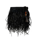 Phedora Black Clutch featuring raffia and stone design in black and almond with decorative tassel and bead accents.