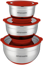 Juego de 3 cuencos para mezclar 16/20/24 cm - Acero inoxidable - Rojo