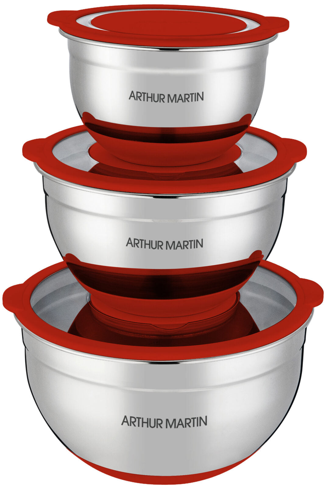 Juego de 3 cuencos para mezclar 16/20/24 cm - Acero inoxidable - Rojo