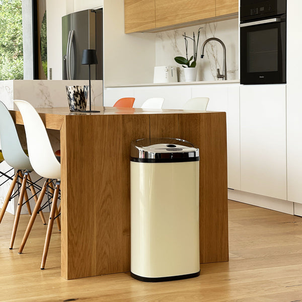 Papelera de cocina automática 42L LARGO Crema brillante en acero inoxidable con flejes