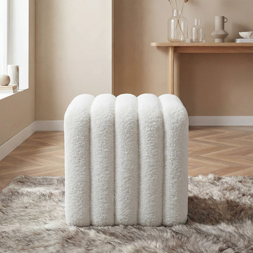 Leto - Padded Pouffe - Bouclé Fabric - White