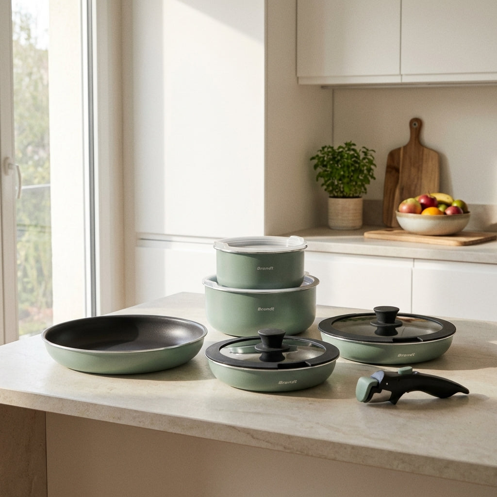 Stackable Cookware Set With Removable Handle 10 Pieces - Pastel Green