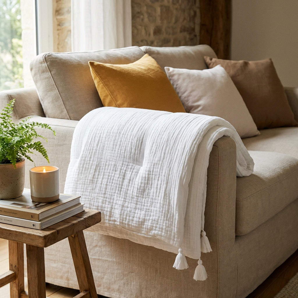 Eiderdown With Tassels Cotton Gauze - Plain - Pure White