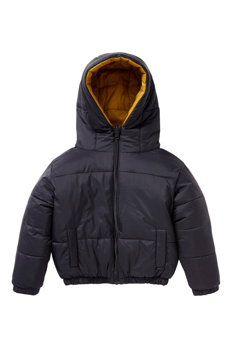 Reversible hooded down jacket Black and yellow - Child