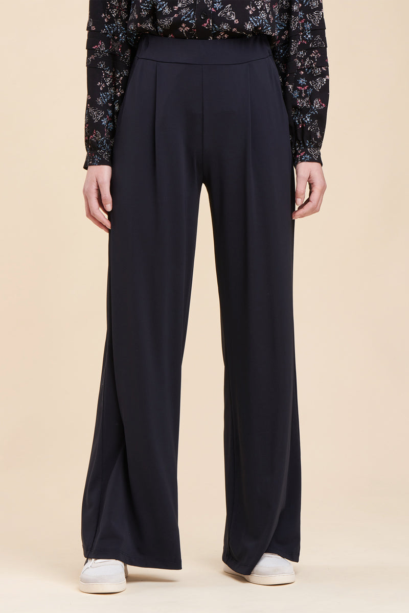 Mouna High-Waist Wide-Leg Trousers - Navy Blue