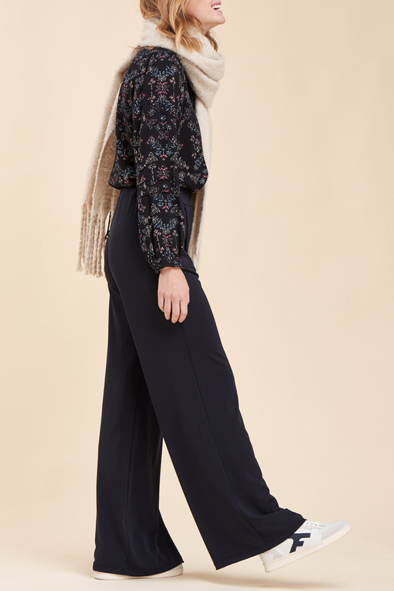 Mouna High-Waist Wide-Leg Trousers - Navy Blue