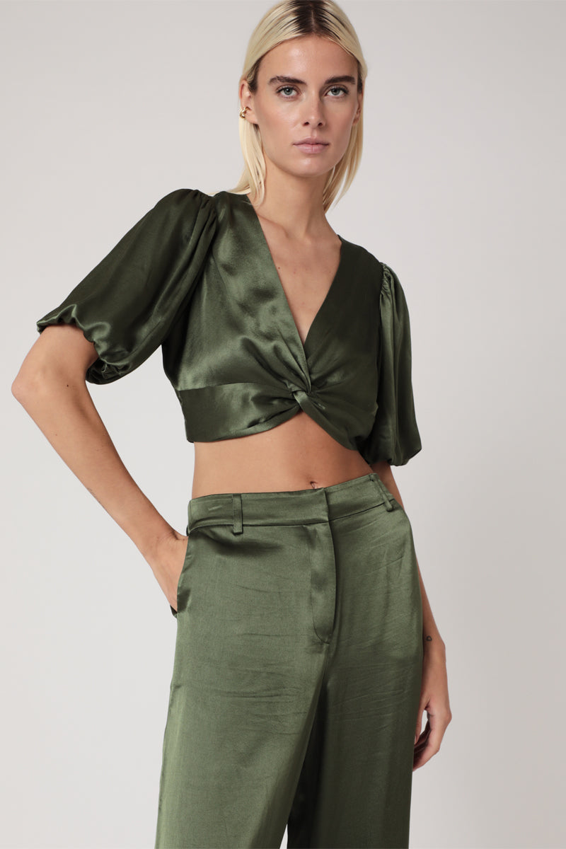 Crop Top Uni Noue Devant - Khaki